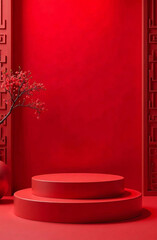 Podium cosmetic products on red background, free space for goods. AI Generative