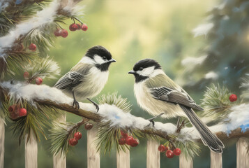 Obraz premium Two Chickadees on a Winters Day