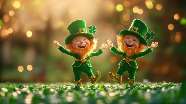 Two leprechauns in green outfits cheerfully dance magical clover-filled forest
