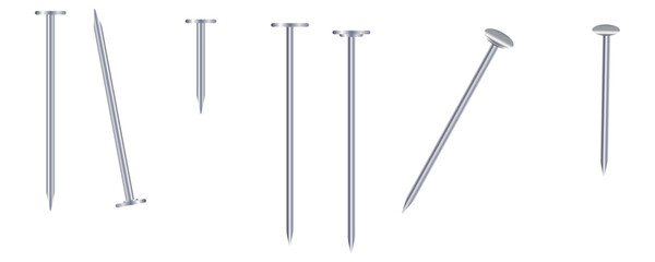 Shiny silver metal nails isolated on transparent background
