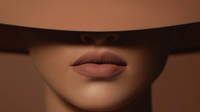 closeup of a woman wearing a stylish mocha mousse hat covering her eyes, focusing on her matte lipstick in a matching shade, color of the year 2025