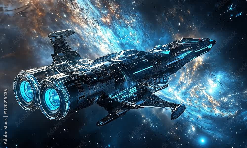 Poster exploring the cosmos aboard a futuristic spacecraft with vibrant lights and galaxy backdrop at night