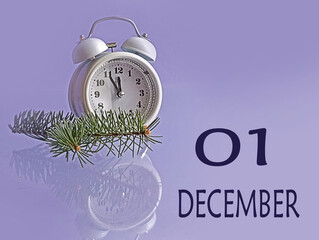 Calendar for December 1: white alarm clock on a pastel background, numbers 01, name of the month December in English