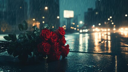 Bouquet of red roses on wet pavement at night with city lights in background