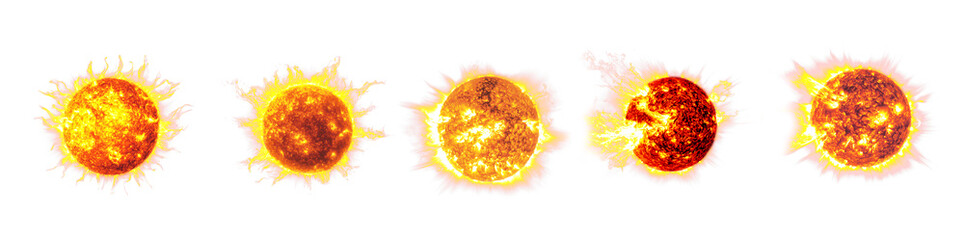 Giant blazing sun collection. Set of blazing hot fiery spheres. Transparent background PNG