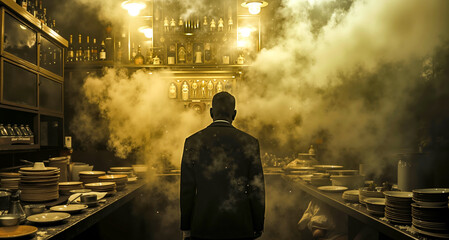 A man in a suit standing in a kitchen with smoke coming out of the counter