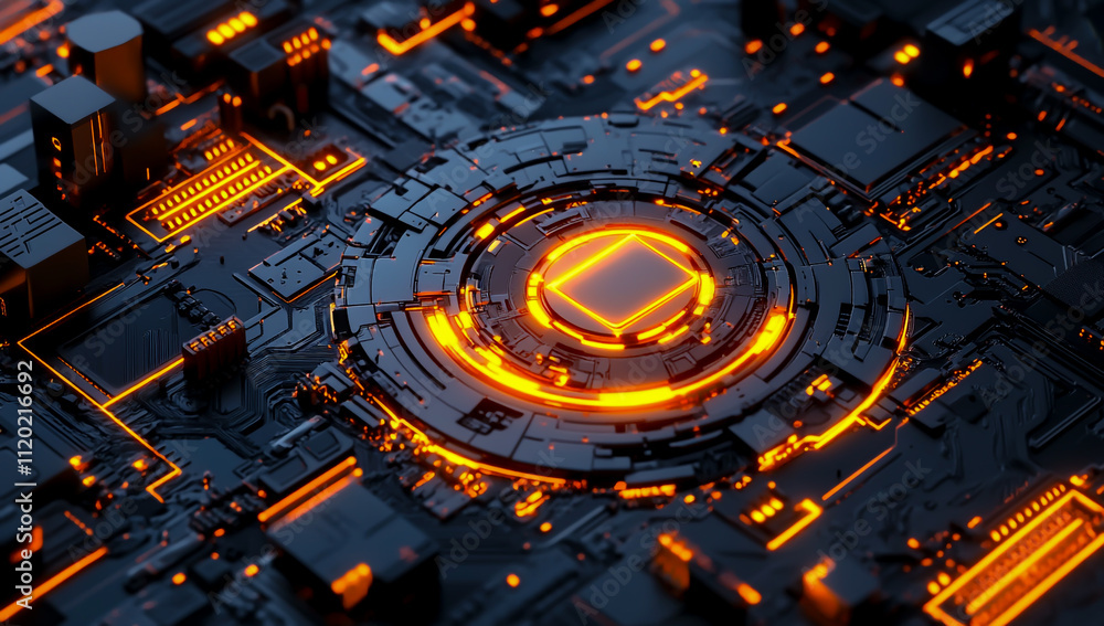 Poster a futuristic, high-tech circuit board surrounding an inner circular structure