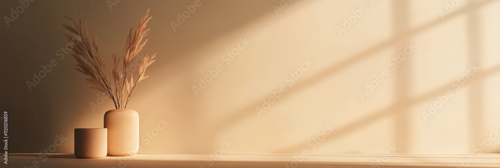 Poster a serene composition featuring two vases with dried plants, illuminated by soft shadows and warm ton