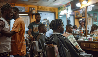 A group of men standing around a barber shop