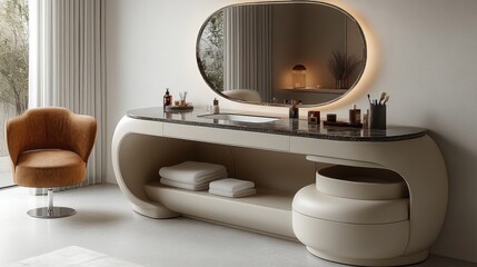 Modern minimalist bathroom vanity with oval mirror,  beige cabinetry, marble countertop, and velvet chair.