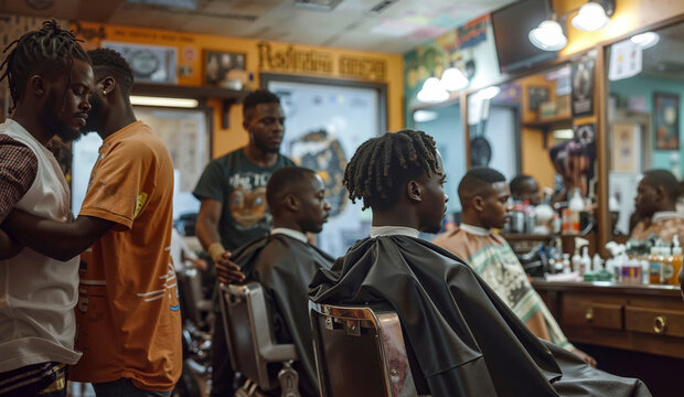 A group of men standing around a barber shop