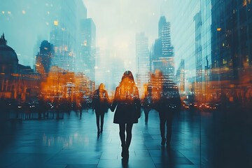 Obraz premium Serene Urban Commute Orange Glow Double Exposure