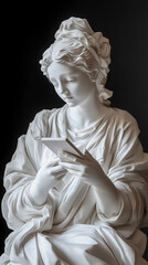 A classical marble statue of a woman holding a smartphone, blending traditional art with modern technology on a dark background