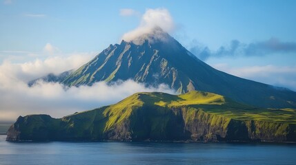 Majestic volcanic island peak shrouded in mist, overlooking tranquil ocean.