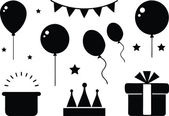 Happy new year icon set of  Balloons, banner, fairy light, confetti, tablecloths vector silhouette