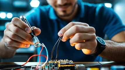 A close-up of a young electrician student's hands connecting wires with pliers, smiling as they focus on their practice work in a fully-equipped workshop.