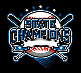 state champions in baseball team design with ball and banner for school, college or league sports