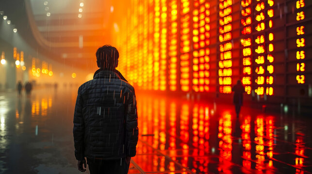 A man standing in front of an electronic board in the rain - Powered by Adobe