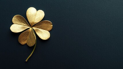 Golden four-leaf clover on dark background, symbolizing luck and prosperity