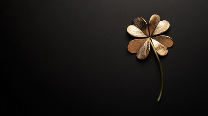 Elegant golden four-leaf clover on black background suggesting luck and luxury