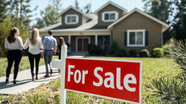 Potential homeowners viewing a house for sale in a suburban neighborhood