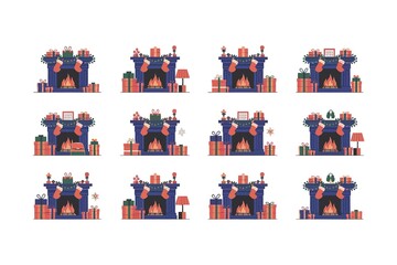 Obraz premium Cozy Christmas Eve Fireplace Set Vector Art for Seasonal Designs and Winter Celebrations.