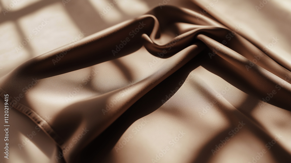 Poster soft brown fabric draped elegantly with light and shadow patterns in a warm indoor setting