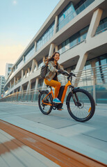 A woman riding an electric bike on a city street