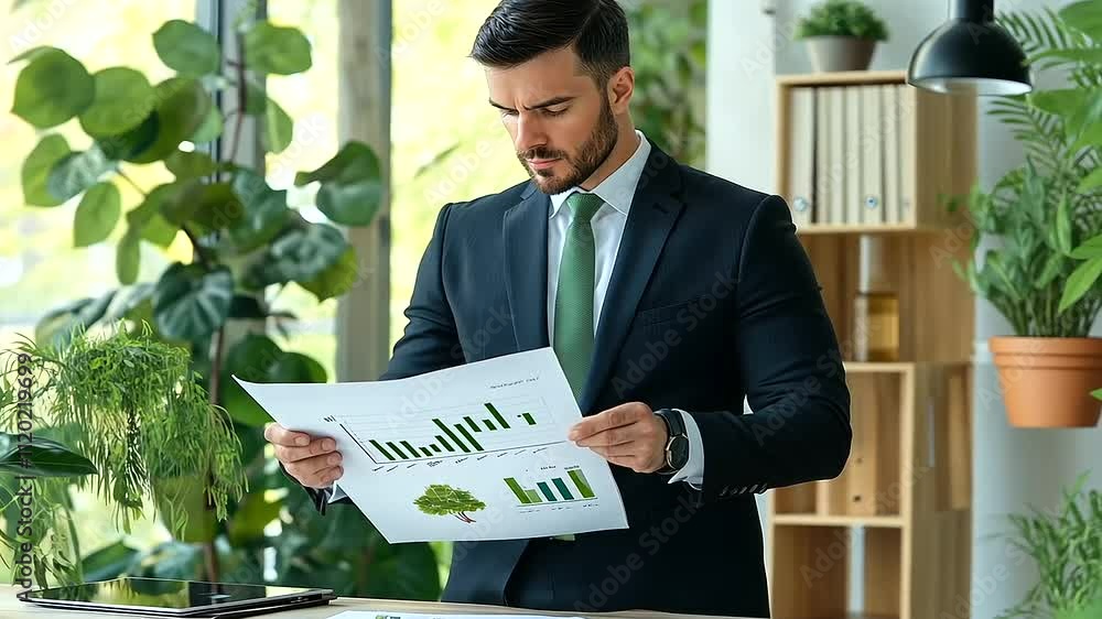 Poster a businessman in a tailored suit studying a paper chart with environmental statistics and graphs, wi