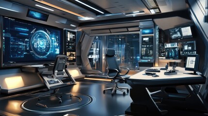 Futuristic Control Room with High-Tech Screens and Modern Furniture