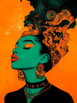 Vibrant surreal artwork featuring a woman with green skin, intricate hair design, bold makeup, and an orange background, evoking creativity