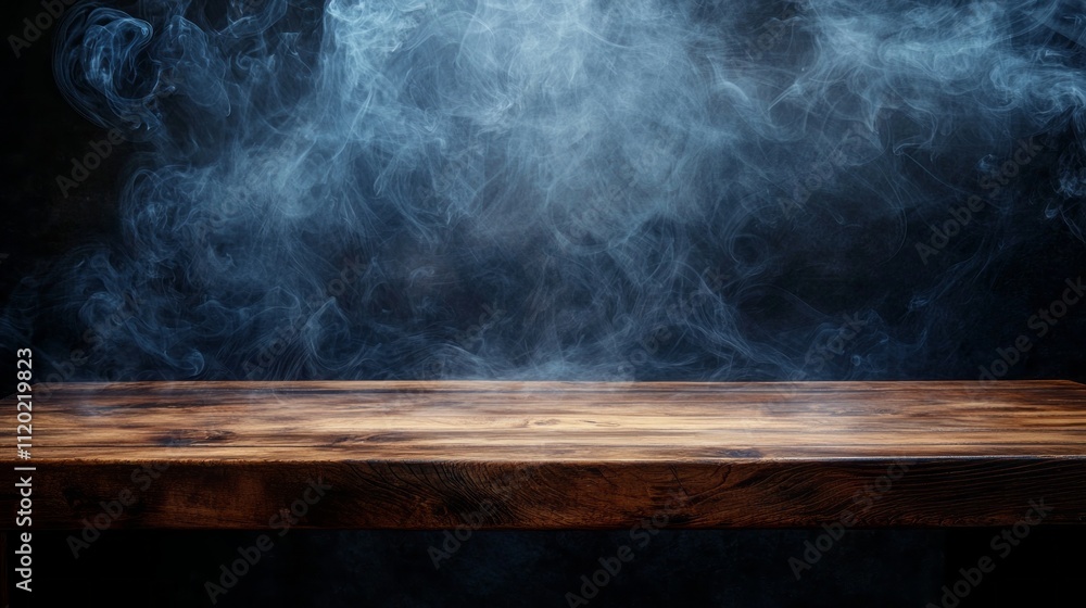 Poster soft tendrils of smoke curl upwards, creating an enchanting atmosphere over a rustic wooden table. t