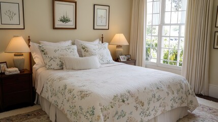 Cozy and Elegant Bedroom with Floral Bedding and Natural Light