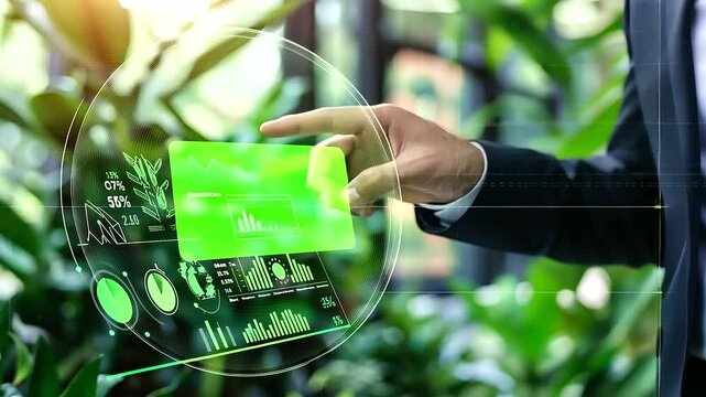 A close-up of a businessman's hand highlighting a section of an ESG chart with bright green sections and eco-friendly company data, set against a background of leafy plants in an e