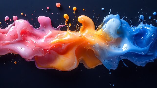 Colorful paint blots with abstract dripping ink on dark background