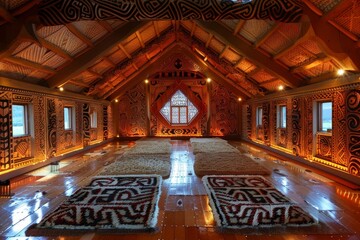 Obraz premium A beautifully decorated meeting house interior with intricate carvings and warm lighting.