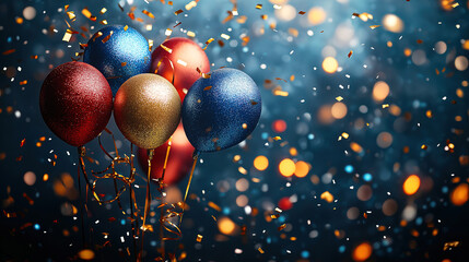 Festive Balloons and Confetti: A Celebration of Joyful Moments. Colorful, shiny balloons, red, gold, and blue, are captured amidst a flurry of gold and silver confetti against a dark, bokeh-filled bac