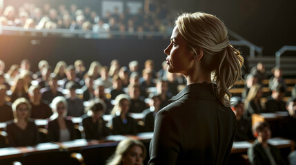 A woman standing in front of a large group of people