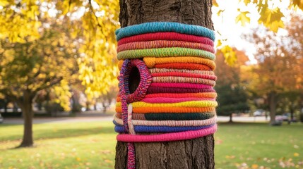 Colorful Rope Art Wrapped Around Tree Trunk in Autumn Park Setting