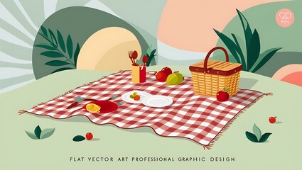 Fototapeta premium A delightful picnic scene with checkered blanket and basket