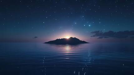 A tranquil seascape featuring an illuminated island at twilight, with a starry sky reflecting across the shimmering water surface. Seraphic. Illustration