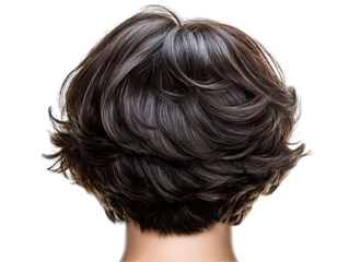 A stylish, voluminous dark hairstyle with soft waves and defined layers, showcasing the back view on transparent background.