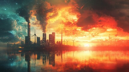 Obraz premium A vibrant cityscape at sunset, featuring smokestacks, wind turbines, and a reflective water surface, highlighting urban pollution and renewable energy.