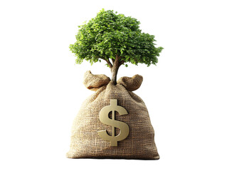 A money bag with a growing tree symbolizes prosperity and growth on transparent background.