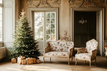 Elegant Christmas setting in vintage room with tree and gifts