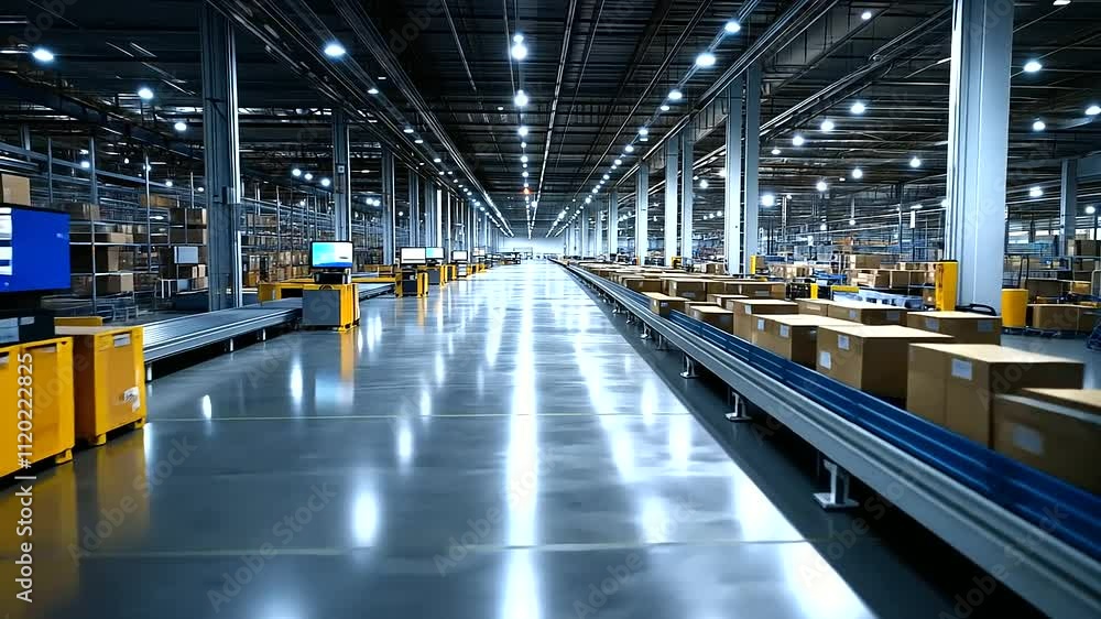 Poster a high-tech warehouse with ar overlays identifying package information, with a streamlined sorting s