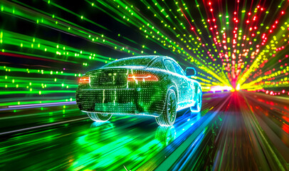 Fototapeta premium A car driving through a tunnel of colorful lights