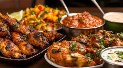 A vibrant spread of grilled meats and sides, showcasing a delicious feast.