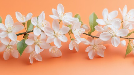 A branch adorned with delicate white blossoms rests against a light orange backdrop, capturing the essence of springtime. The fresh petals emit a soft, natural charm