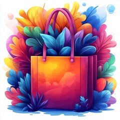A colorful shopping bag surrounded by vibrant foliage, symbolizing eco-friendly shopping.
